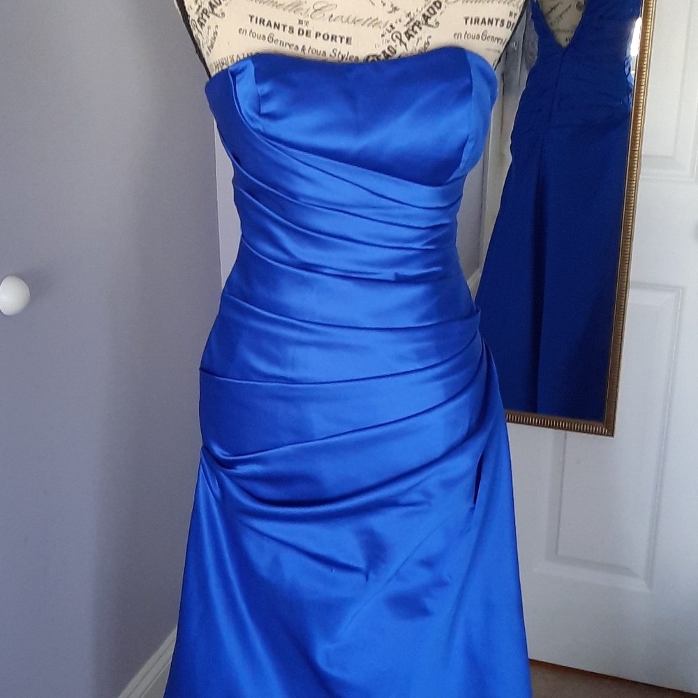 David's Bridal blue satin gown